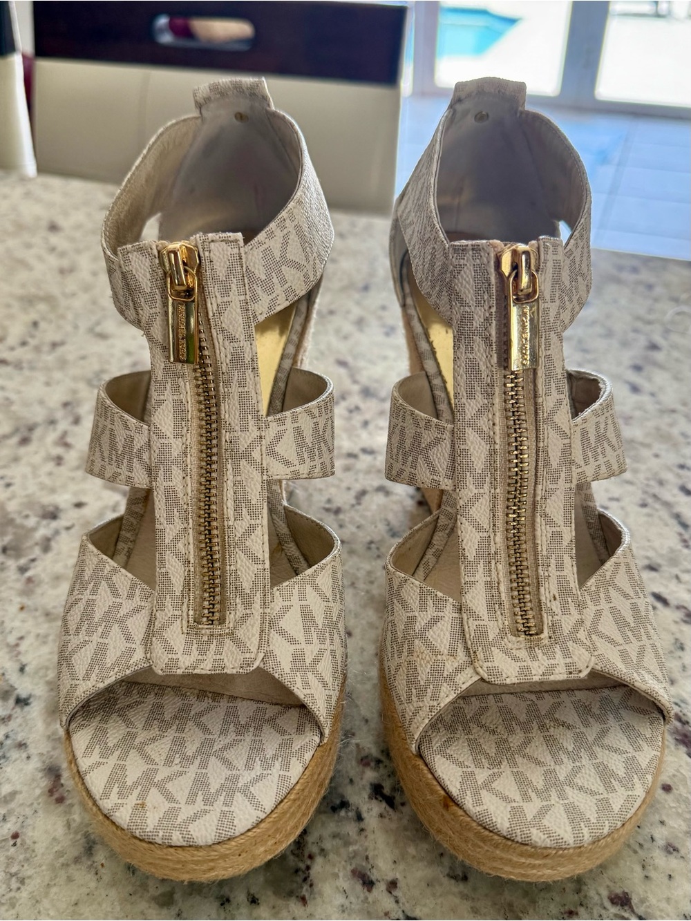 Michael Kors Beige MK Logo Espadrille Wedge Sandals with Gold Zip